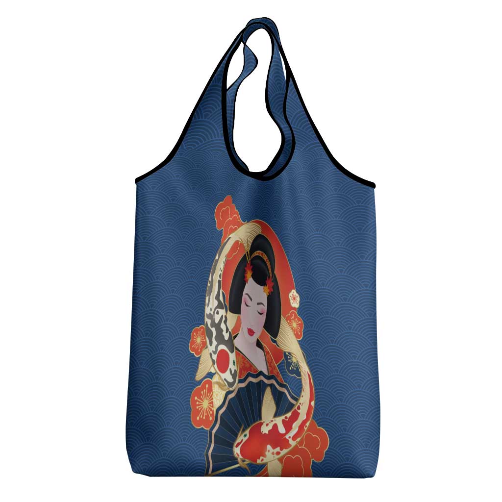 Japanese Geisha Koi Fish Grocery Bag Cherry Blossoms Blue Seigaiha Pattern - Wonder Print Shop