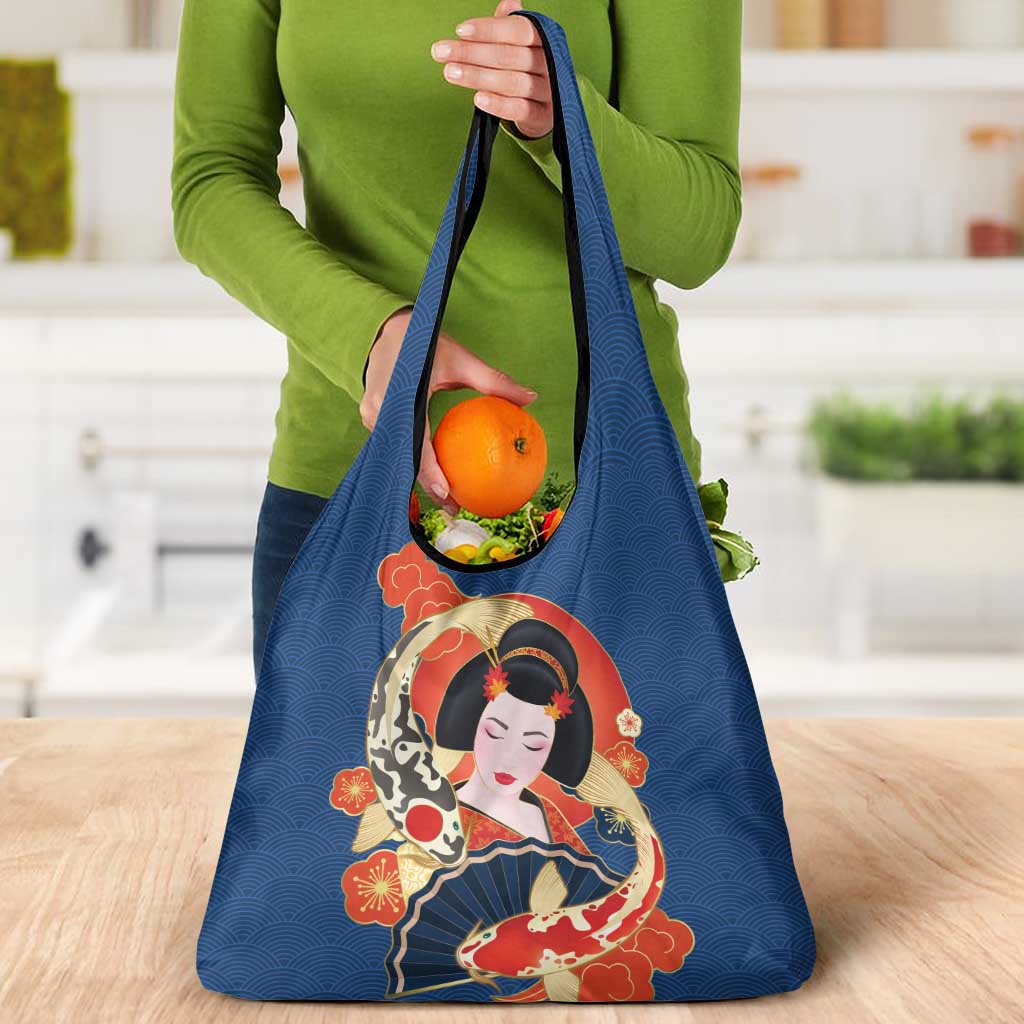Japanese Geisha Koi Fish Grocery Bag Cherry Blossoms Blue Seigaiha Pattern - Wonder Print Shop
