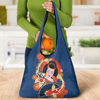 Japanese Geisha Koi Fish Grocery Bag Cherry Blossoms Blue Seigaiha Pattern - Wonder Print Shop