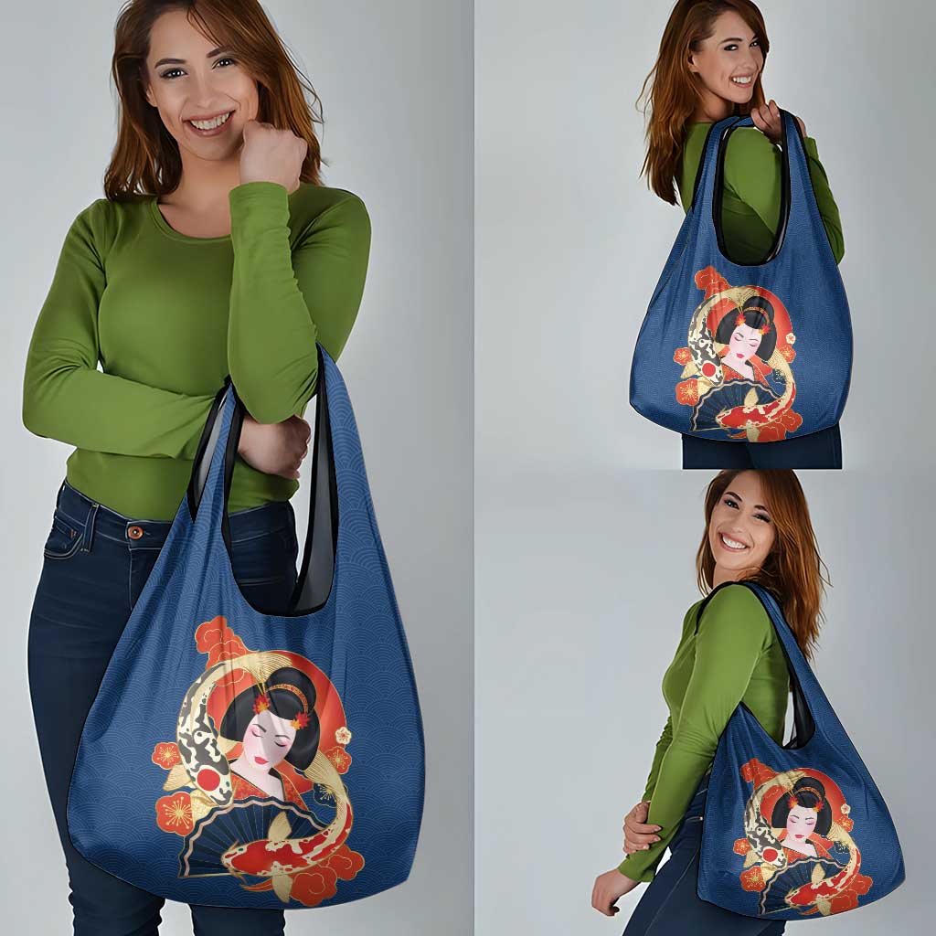 Japanese Geisha Koi Fish Grocery Bag Cherry Blossoms Blue Seigaiha Pattern - Wonder Print Shop