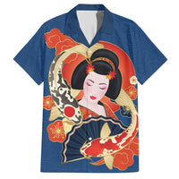 Japanese Geisha Koi Fish Hawaiian Shirt Cherry Blossoms Blue Seigaiha Pattern - Wonder Print Shop
