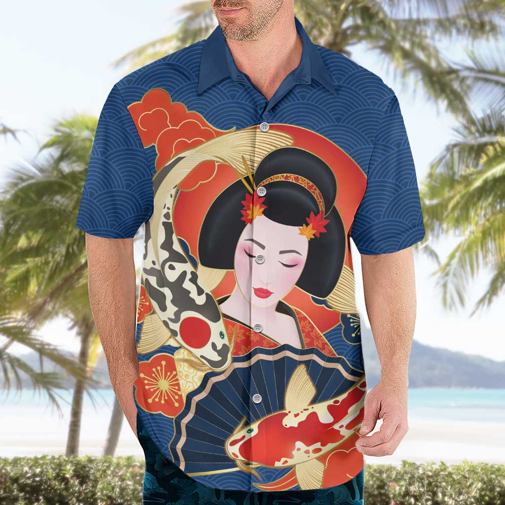 Japanese Geisha Koi Fish Hawaiian Shirt Cherry Blossoms Blue Seigaiha Pattern - Wonder Print Shop