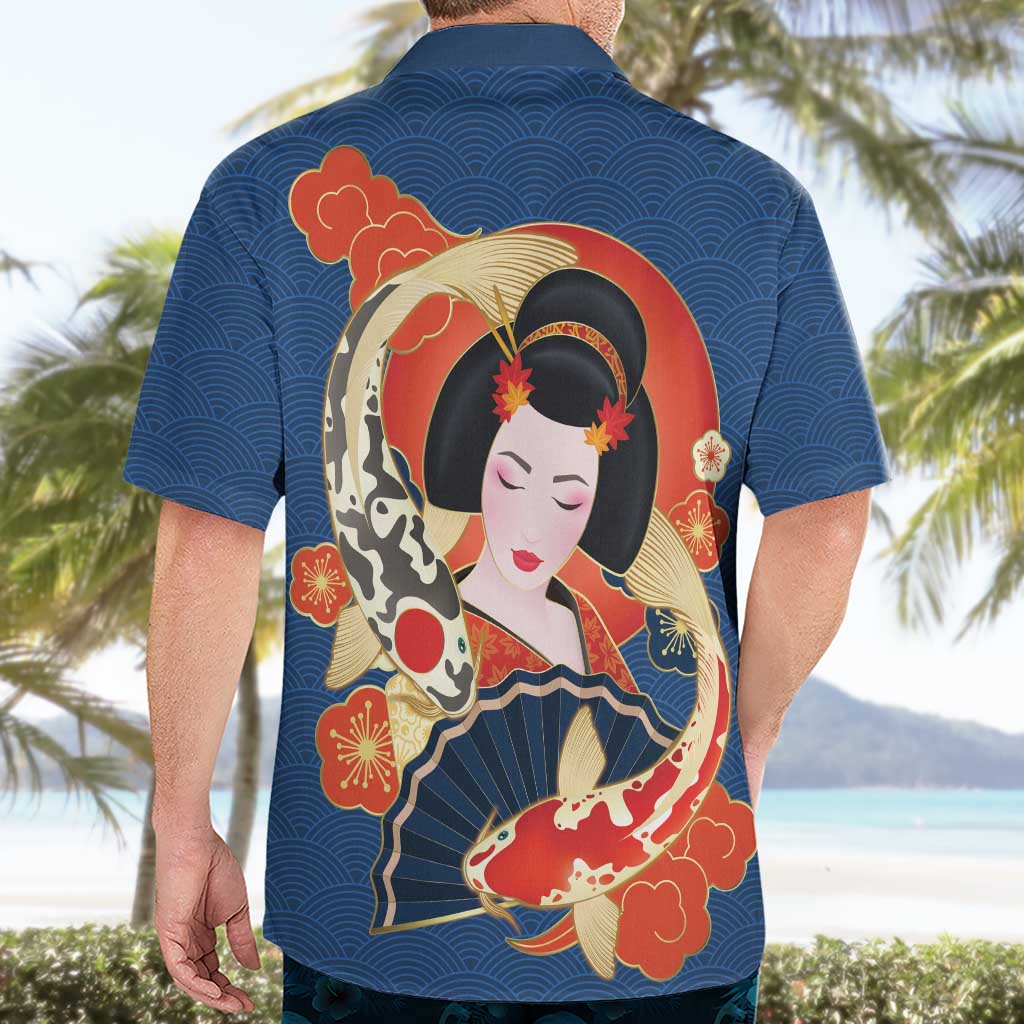 Japanese Geisha Koi Fish Hawaiian Shirt Cherry Blossoms Blue Seigaiha Pattern - Wonder Print Shop