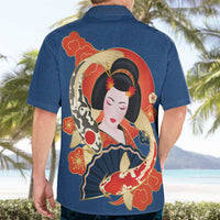Japanese Geisha Koi Fish Hawaiian Shirt Cherry Blossoms Blue Seigaiha Pattern - Wonder Print Shop