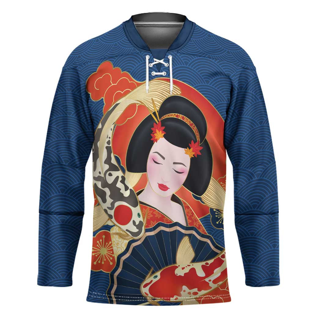 Japanese Geisha Koi Fish Hockey Jersey Cherry Blossoms Blue Seigaiha Pattern - Wonder Print Shop