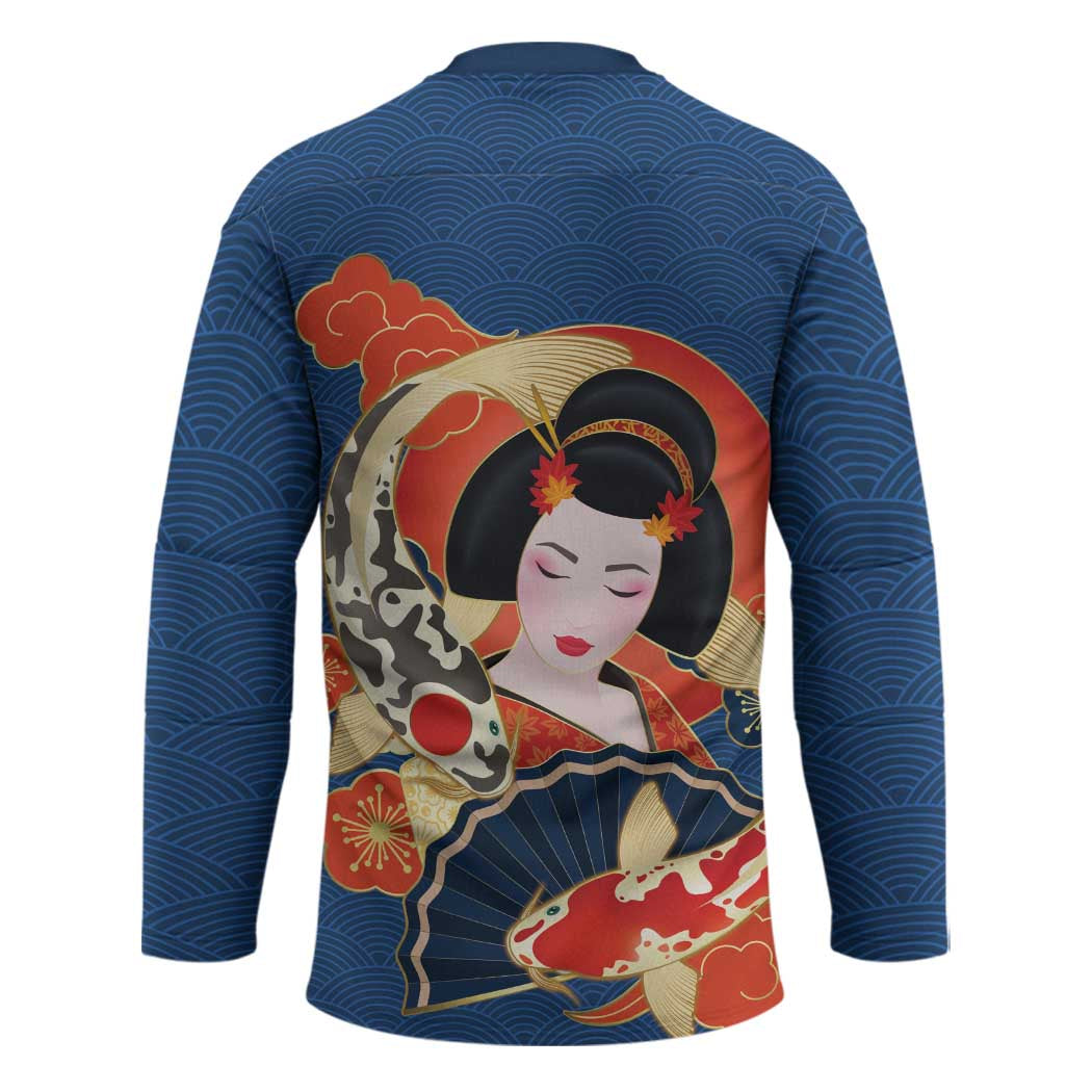 Japanese Geisha Koi Fish Hockey Jersey Cherry Blossoms Blue Seigaiha Pattern - Wonder Print Shop