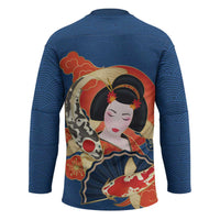 Japanese Geisha Koi Fish Hockey Jersey Cherry Blossoms Blue Seigaiha Pattern - Wonder Print Shop