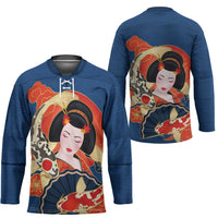 Japanese Geisha Koi Fish Hockey Jersey Cherry Blossoms Blue Seigaiha Pattern - Wonder Print Shop