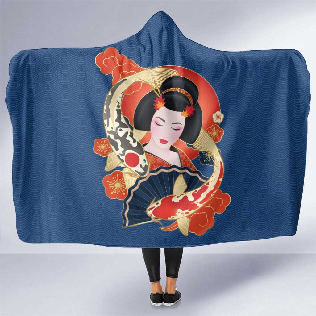 Japanese Geisha Koi Fish Hooded Blanket Cherry Blossoms Blue Seigaiha Pattern - Wonder Print Shop