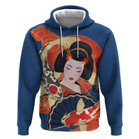 Japanese Geisha Koi Fish Hoodie Cherry Blossoms Blue Seigaiha Pattern - Wonder Print Shop