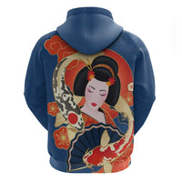 Japanese Geisha Koi Fish Hoodie Cherry Blossoms Blue Seigaiha Pattern - Wonder Print Shop