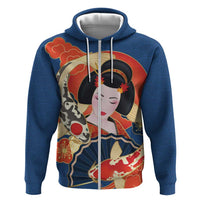 Japanese Geisha Koi Fish Hoodie Cherry Blossoms Blue Seigaiha Pattern - Wonder Print Shop