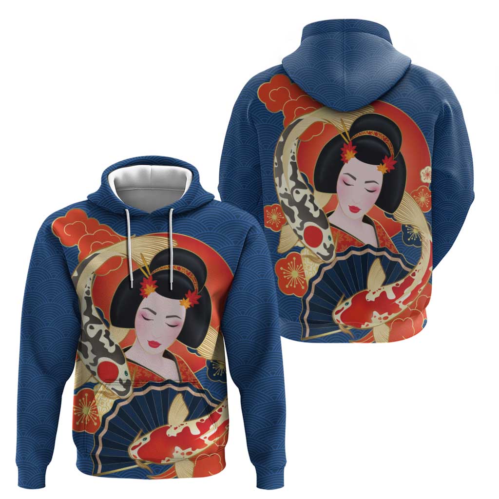 Japanese Geisha Koi Fish Hoodie Cherry Blossoms Blue Seigaiha Pattern - Wonder Print Shop