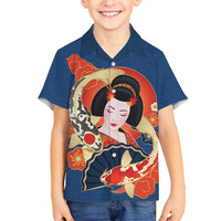 Japanese Geisha Koi Fish Kid Hawaiian Shirt Cherry Blossoms Blue Seigaiha Pattern - Wonder Print Shop