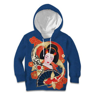 Japanese Geisha Koi Fish Kid Hoodie Cherry Blossoms Blue Seigaiha Pattern - Wonder Print Shop