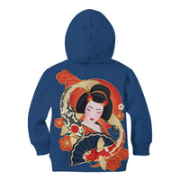 Japanese Geisha Koi Fish Kid Hoodie Cherry Blossoms Blue Seigaiha Pattern - Wonder Print Shop