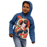 Japanese Geisha Koi Fish Kid Hoodie Cherry Blossoms Blue Seigaiha Pattern - Wonder Print Shop