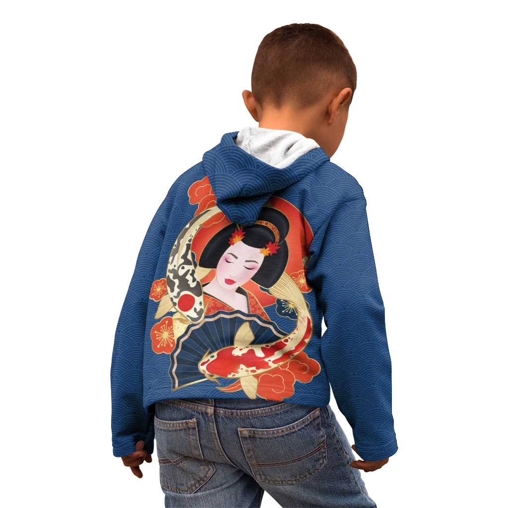 Japanese Geisha Koi Fish Kid Hoodie Cherry Blossoms Blue Seigaiha Pattern - Wonder Print Shop