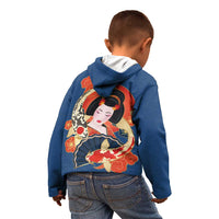 Japanese Geisha Koi Fish Kid Hoodie Cherry Blossoms Blue Seigaiha Pattern - Wonder Print Shop