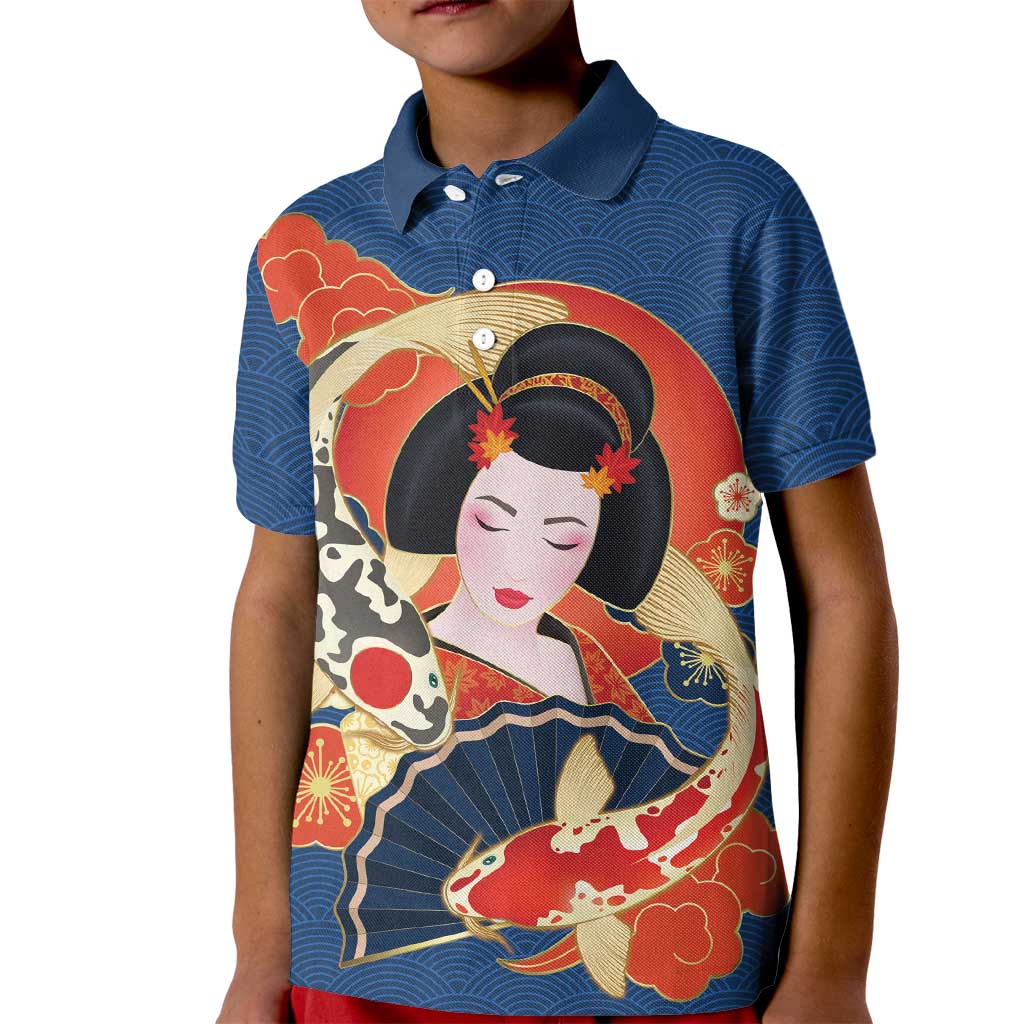 Japanese Geisha Koi Fish Kid Polo Shirt Cherry Blossoms Blue Seigaiha Pattern - Wonder Print Shop