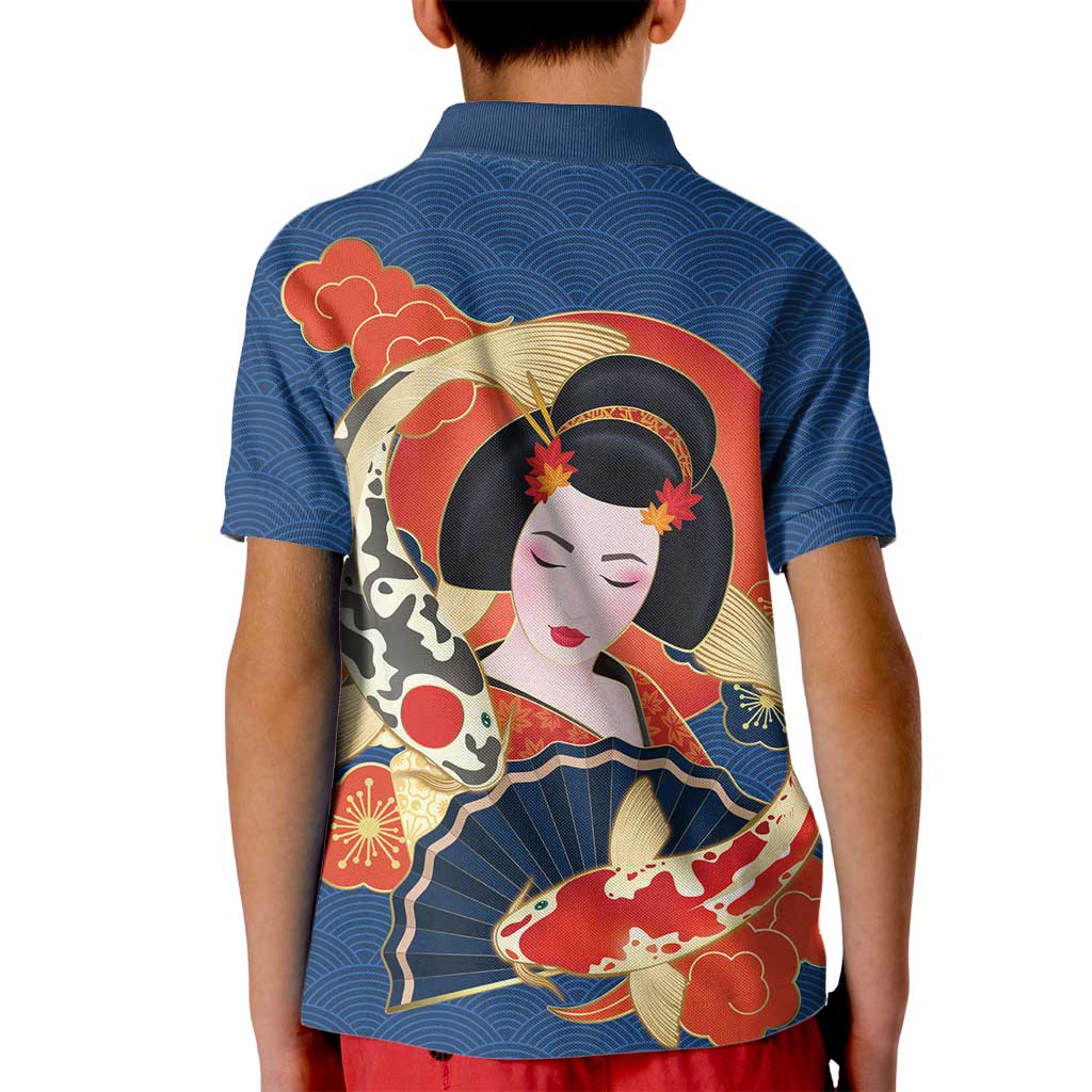 Japanese Geisha Koi Fish Kid Polo Shirt Cherry Blossoms Blue Seigaiha Pattern - Wonder Print Shop