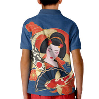 Japanese Geisha Koi Fish Kid Polo Shirt Cherry Blossoms Blue Seigaiha Pattern - Wonder Print Shop