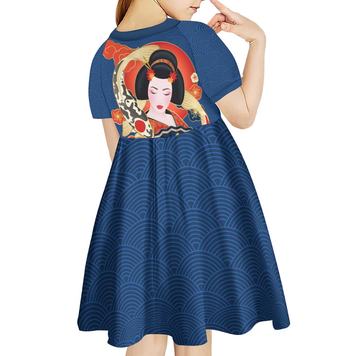 Japanese Geisha Koi Fish Kid Short Sleeve Dress Cherry Blossoms Blue Seigaiha Pattern - Wonder Print Shop