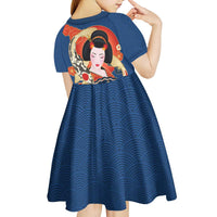 Japanese Geisha Koi Fish Kid Short Sleeve Dress Cherry Blossoms Blue Seigaiha Pattern - Wonder Print Shop
