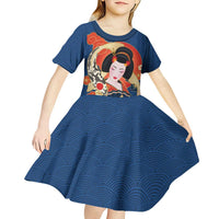 Japanese Geisha Koi Fish Kid Short Sleeve Dress Cherry Blossoms Blue Seigaiha Pattern - Wonder Print Shop