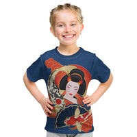 Japanese Geisha Koi Fish Kid T Shirt Cherry Blossoms Blue Seigaiha Pattern - Wonder Print Shop