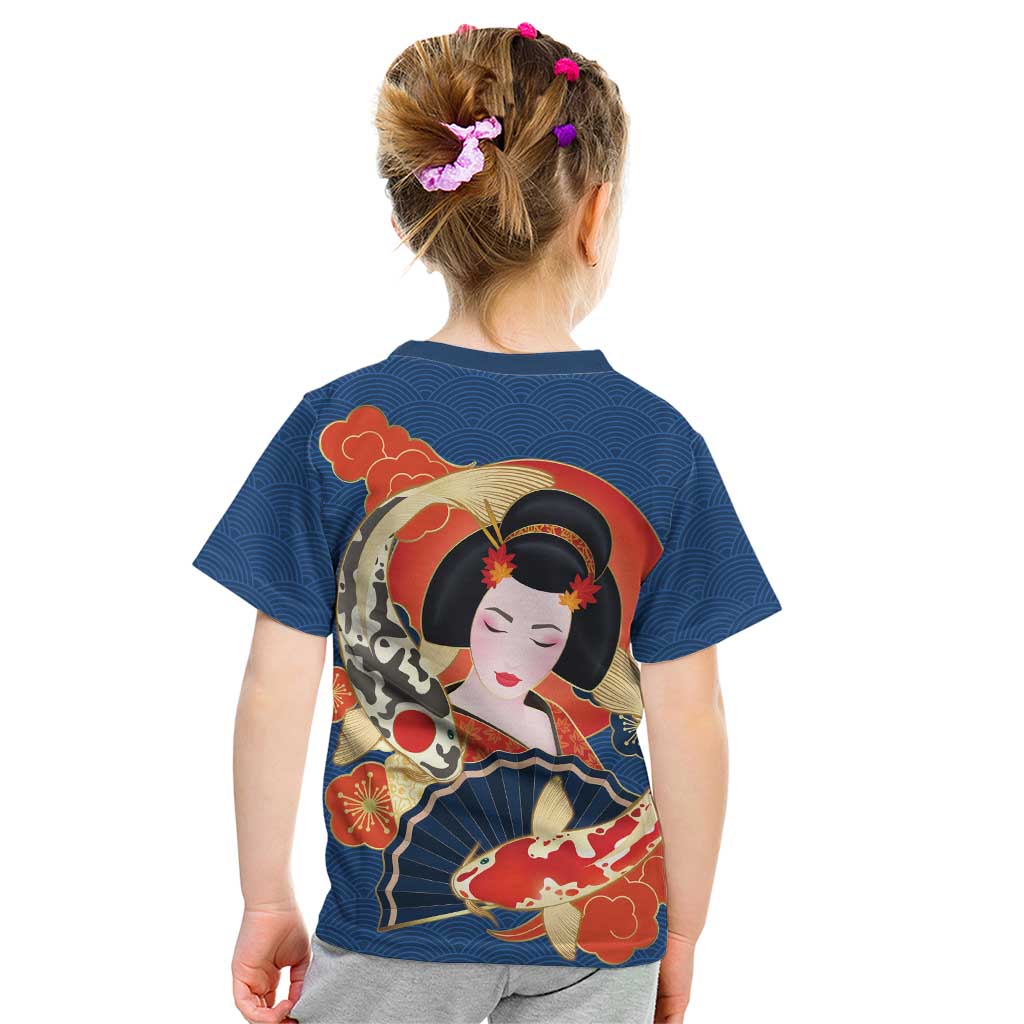 Japanese Geisha Koi Fish Kid T Shirt Cherry Blossoms Blue Seigaiha Pattern - Wonder Print Shop