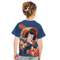 Japanese Geisha Koi Fish Kid T Shirt Cherry Blossoms Blue Seigaiha Pattern - Wonder Print Shop