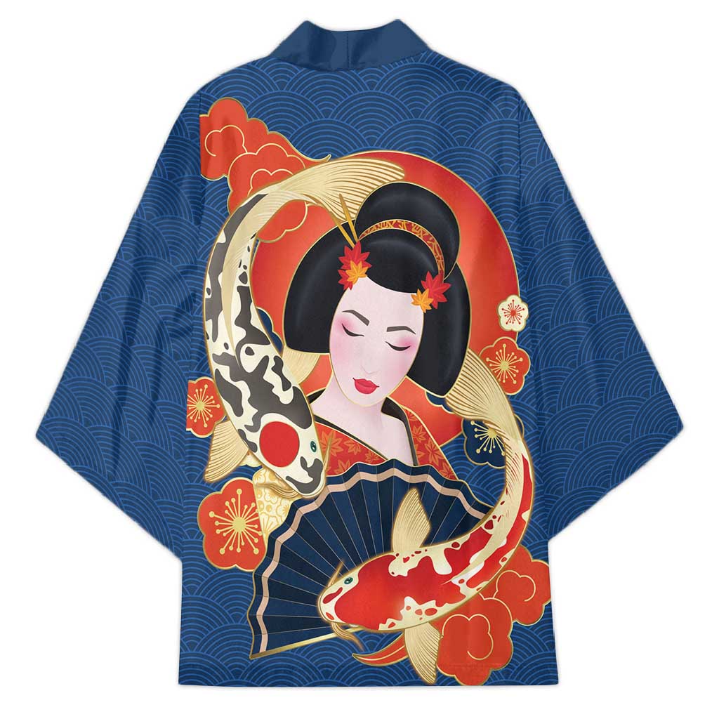 Japanese Geisha Koi Fish Kimono Cherry Blossoms Blue Seigaiha Pattern - Wonder Print Shop