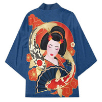 Japanese Geisha Koi Fish Kimono Cherry Blossoms Blue Seigaiha Pattern - Wonder Print Shop
