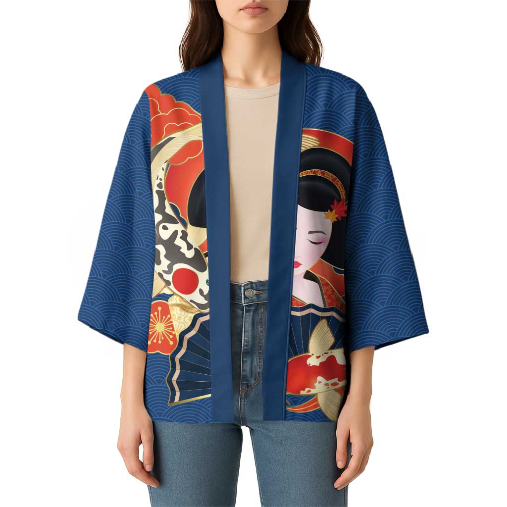 Japanese Geisha Koi Fish Kimono Cherry Blossoms Blue Seigaiha Pattern - Wonder Print Shop