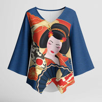 Japanese Geisha Koi Fish Kimono Sleeve Blouse Cherry Blossoms Blue Seigaiha Pattern - Wonder Print Shop