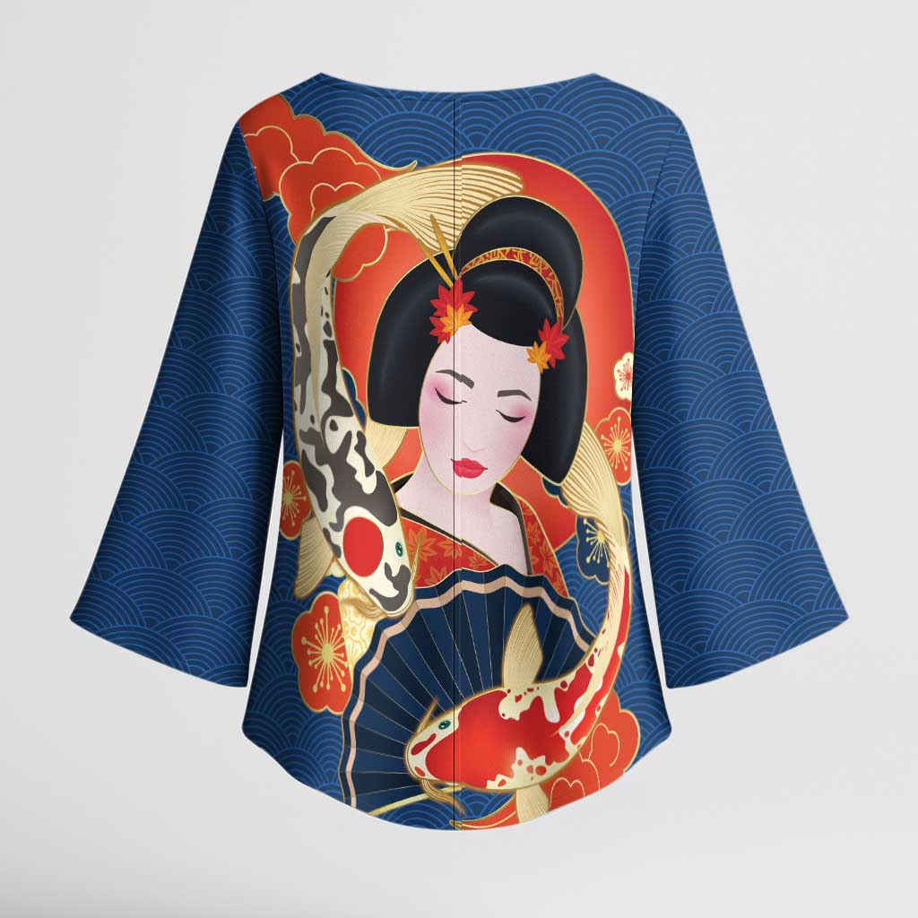Japanese Geisha Koi Fish Kimono Sleeve Blouse Cherry Blossoms Blue Seigaiha Pattern - Wonder Print Shop