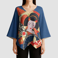Japanese Geisha Koi Fish Kimono Sleeve Blouse Cherry Blossoms Blue Seigaiha Pattern - Wonder Print Shop