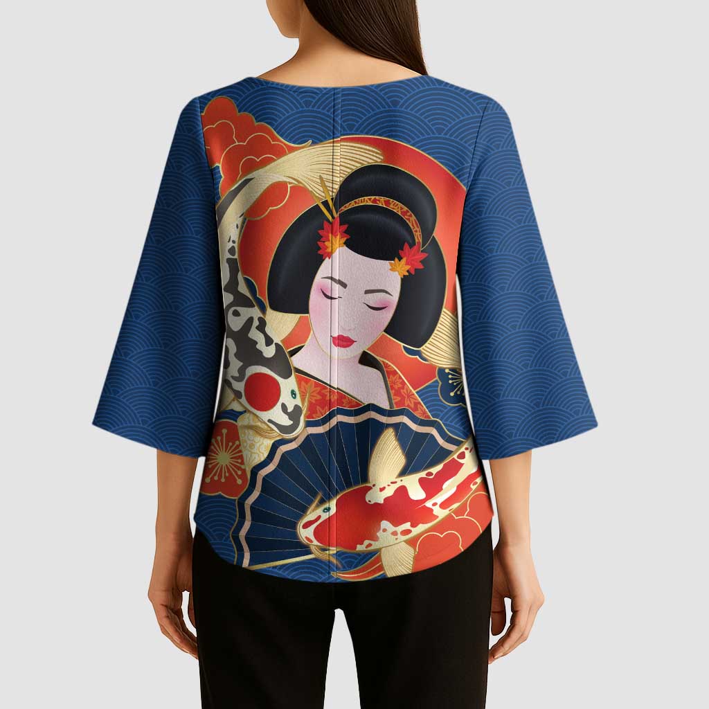 Japanese Geisha Koi Fish Kimono Sleeve Blouse Cherry Blossoms Blue Seigaiha Pattern - Wonder Print Shop