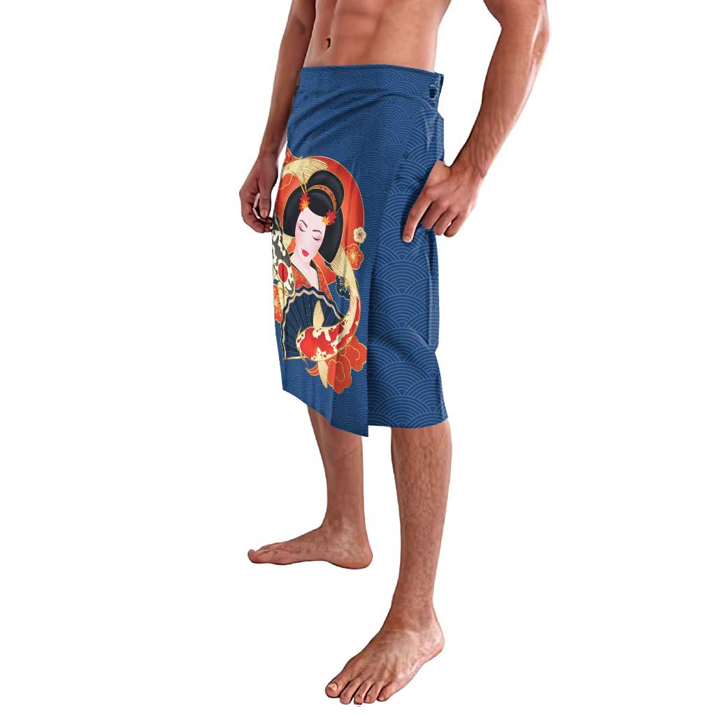 Japanese Geisha Koi Fish Lavalava Cherry Blossoms Blue Seigaiha Pattern - Wonder Print Shop