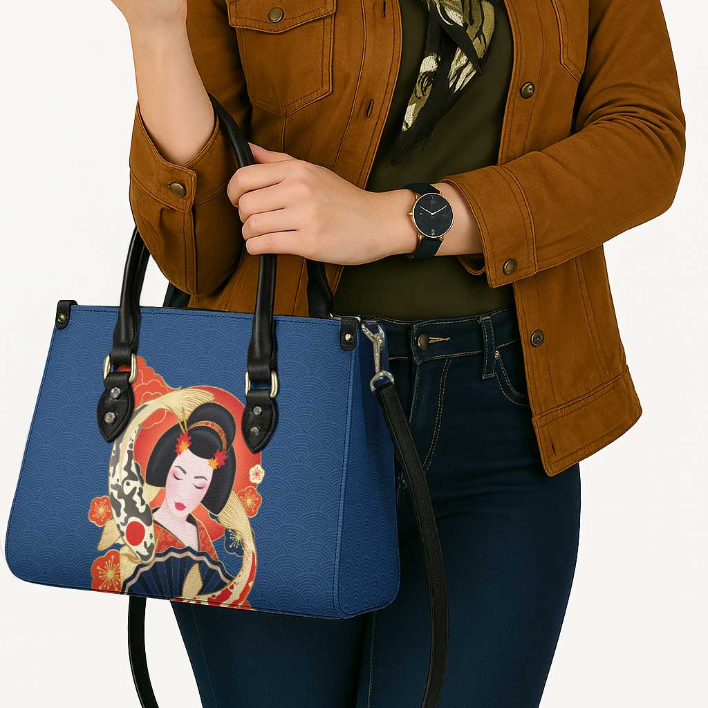 Japanese Geisha Koi Fish Leather Bag Cherry Blossoms Blue Seigaiha Pattern - Wonder Print Shop