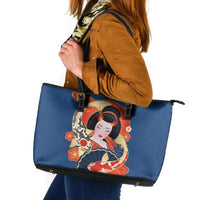 Japanese Geisha Koi Fish Leather Tote Bag Cherry Blossoms Blue Seigaiha Pattern - Wonder Print Shop
