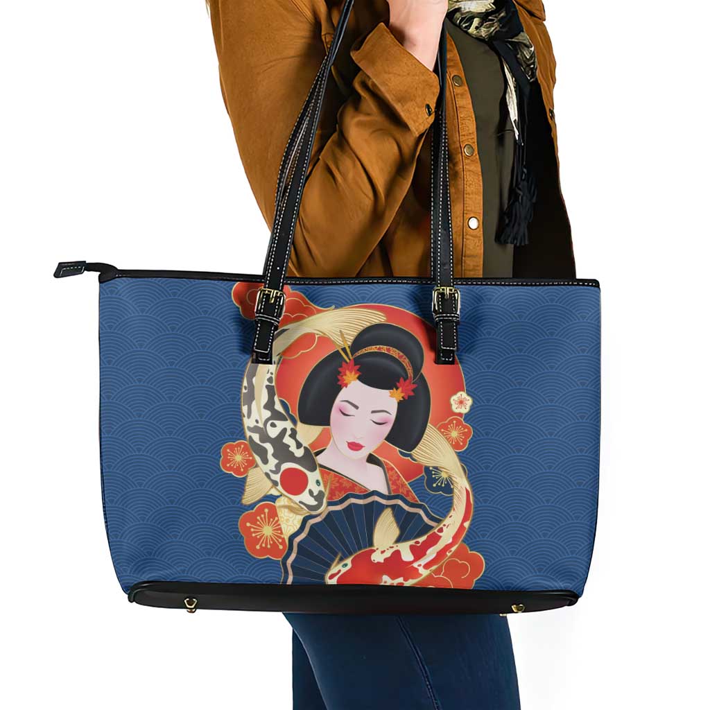 Japanese Geisha Koi Fish Leather Tote Bag Cherry Blossoms Blue Seigaiha Pattern - Wonder Print Shop