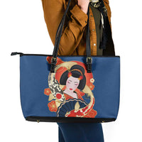 Japanese Geisha Koi Fish Leather Tote Bag Cherry Blossoms Blue Seigaiha Pattern - Wonder Print Shop