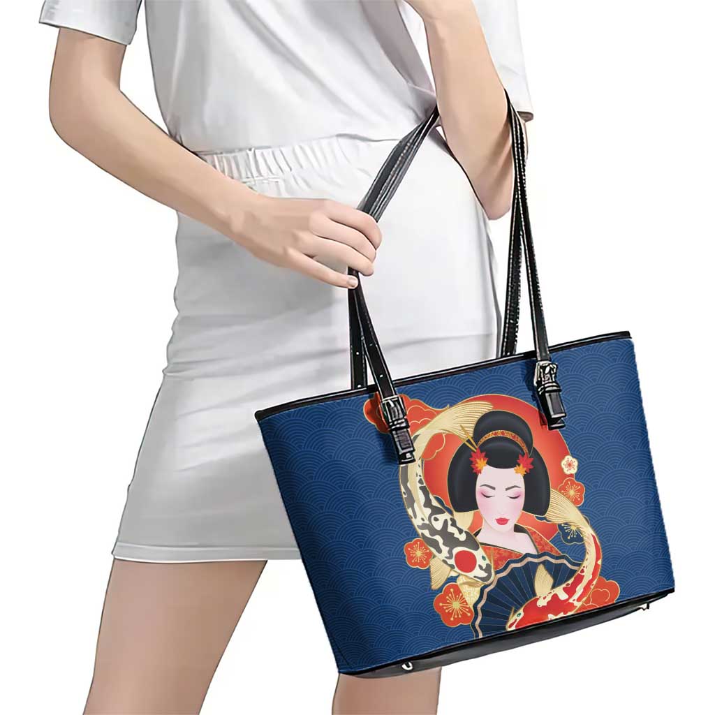 Japanese Geisha Koi Fish Leather Tote Bag Cherry Blossoms Blue Seigaiha Pattern - Wonder Print Shop
