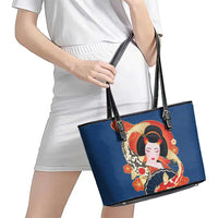 Japanese Geisha Koi Fish Leather Tote Bag Cherry Blossoms Blue Seigaiha Pattern - Wonder Print Shop