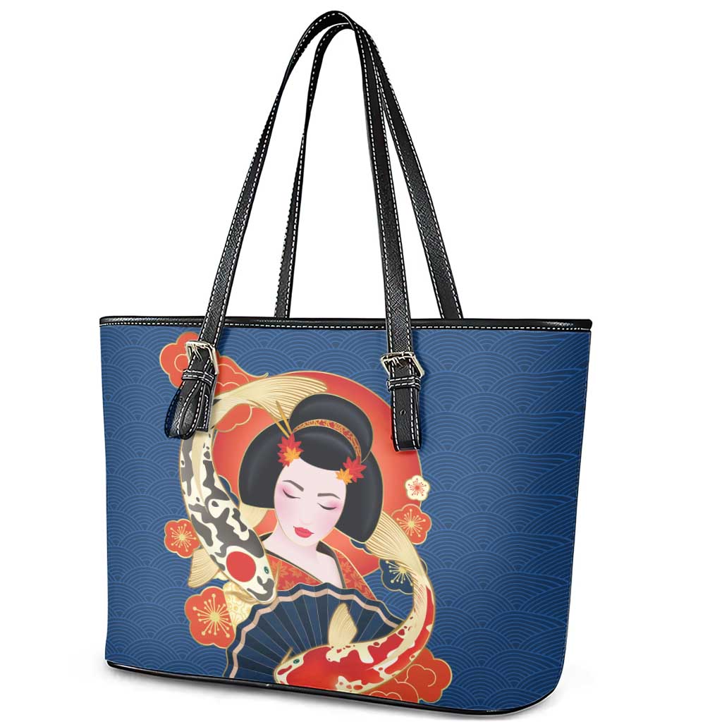 Japanese Geisha Koi Fish Leather Tote Bag Cherry Blossoms Blue Seigaiha Pattern - Wonder Print Shop