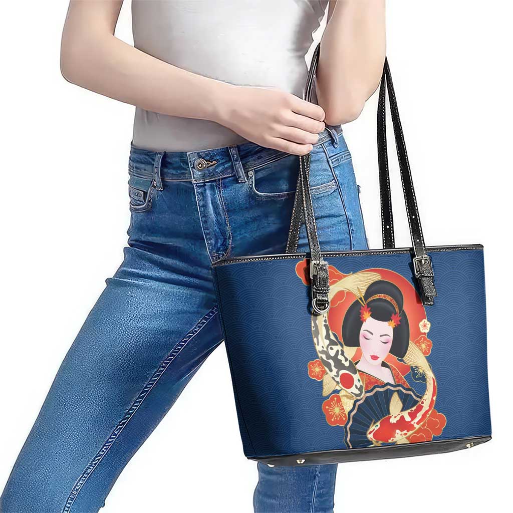 Japanese Geisha Koi Fish Leather Tote Bag Cherry Blossoms Blue Seigaiha Pattern - Wonder Print Shop