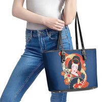 Japanese Geisha Koi Fish Leather Tote Bag Cherry Blossoms Blue Seigaiha Pattern - Wonder Print Shop
