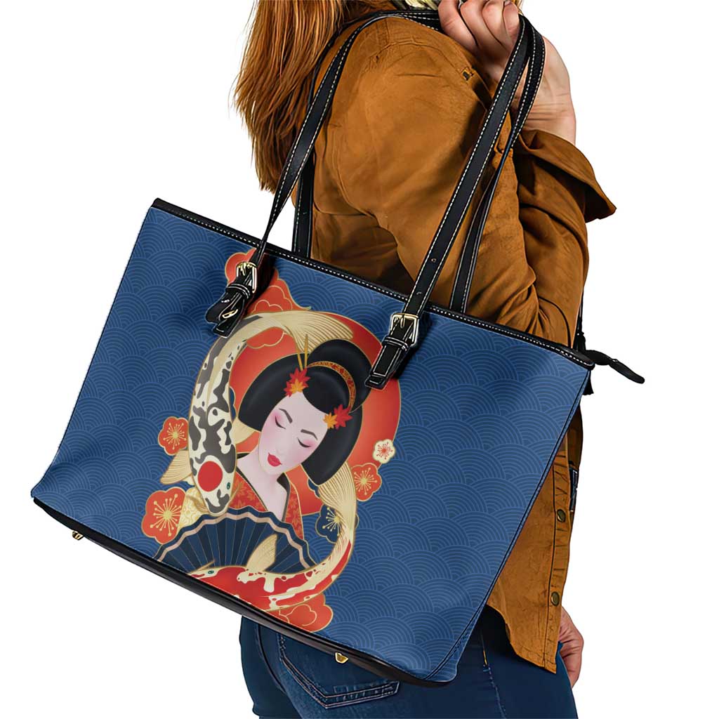 Japanese Geisha Koi Fish Leather Tote Bag Cherry Blossoms Blue Seigaiha Pattern - Wonder Print Shop